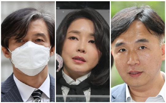 조국(왼쪽) 전 법무부 장관, 윤석열 국민의힘 대선 후보 김건희씨(가운데), 정철승 변호사. <연합뉴스>